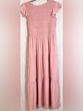 ZESICA Blush Pink Smocked Maxi Dress | Flutter Sleeve Tiered Boho Size Small NWT